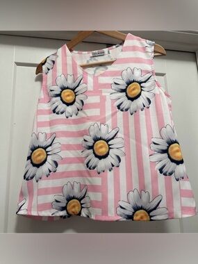🌼🩷 Pink and White Stripe with Daisies ZARA V-Neck Top - Size XL